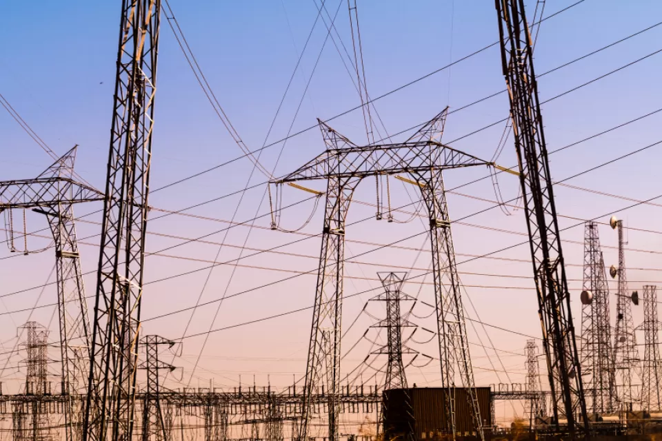 Power lines and towers at a substation